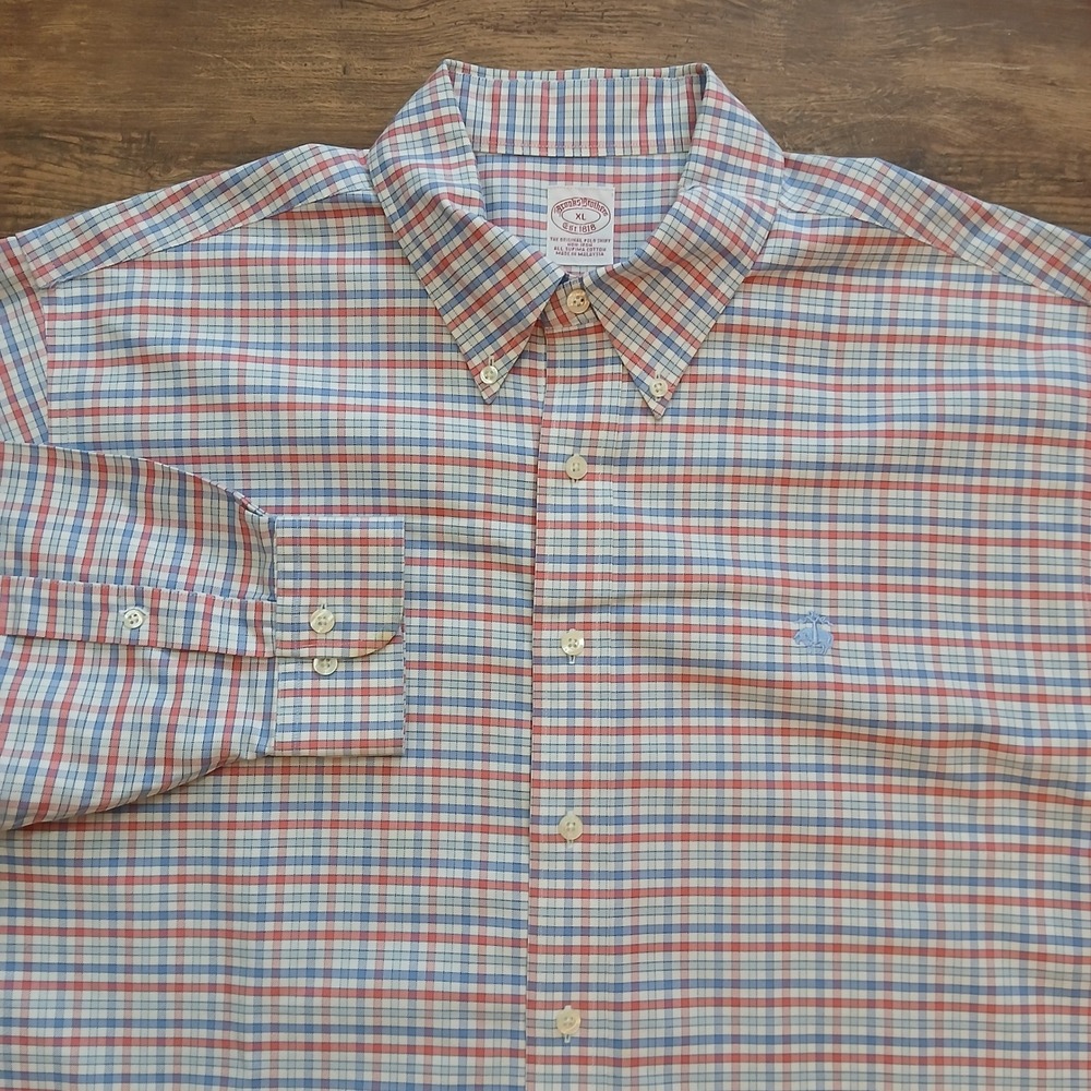 Brooks Brothers Shirt‎ Mens Extra Large Blue Plaid Supima Cotton Non Iron OCBD